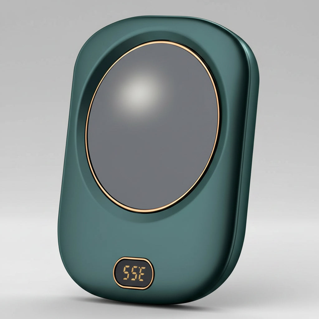 Green electronic device with a digital display on a white background
