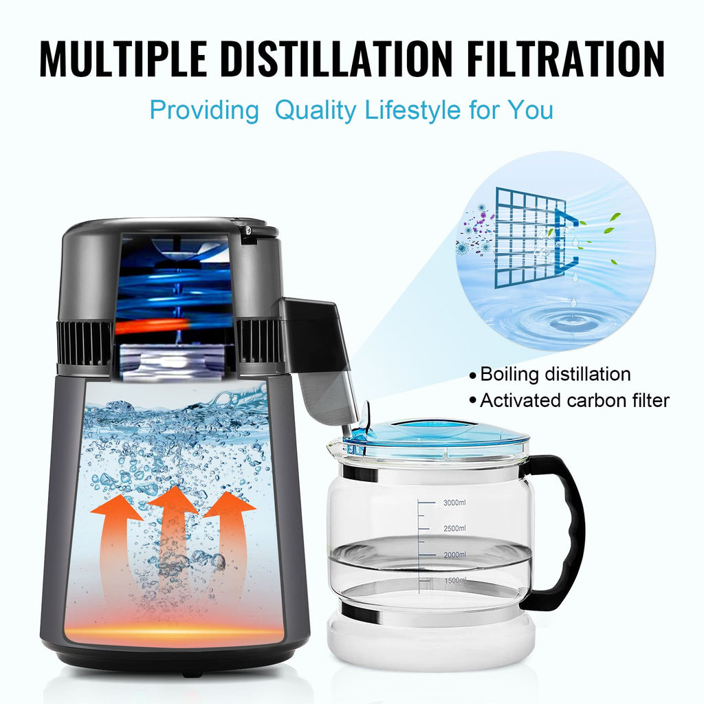 Water distillation filtration device with a glass container on a white background