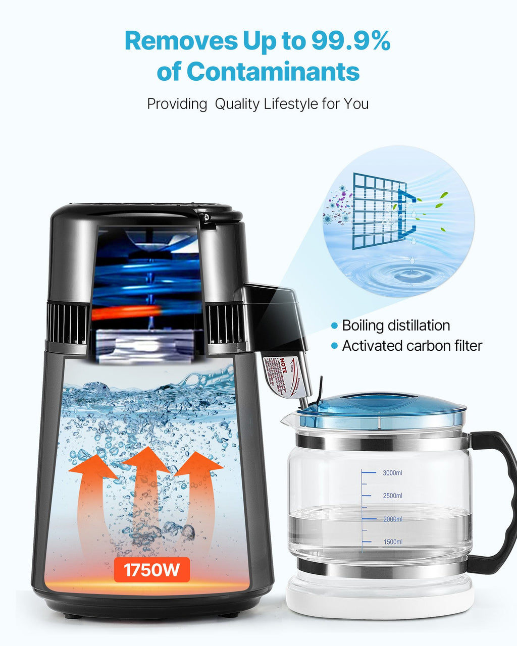 Water distiller with a glass container on a white background, highlighting its features and benefits.