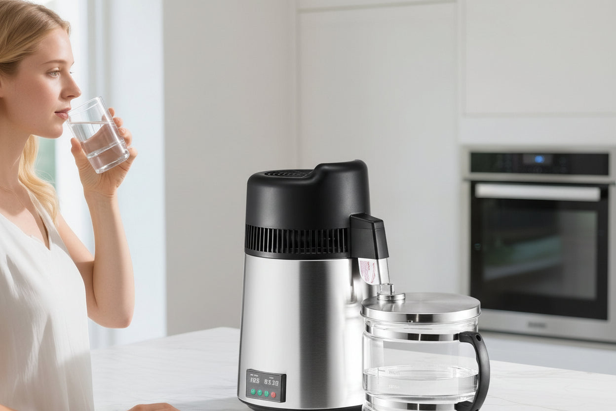Woman holding a glass of water next to a Velson water filter and pitcher on a kitchen counter.