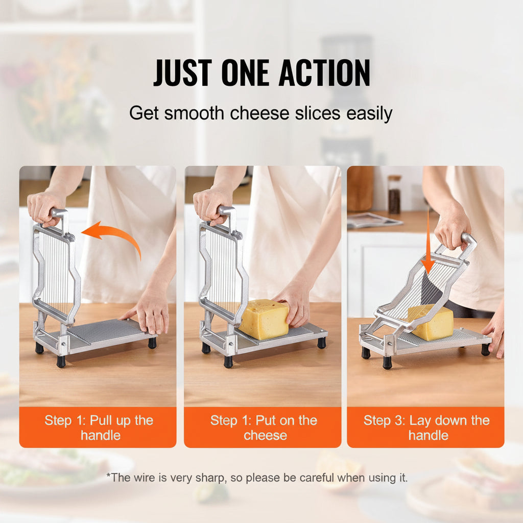 Cheese slicer with step-by-step instructions on a kitchen counter.