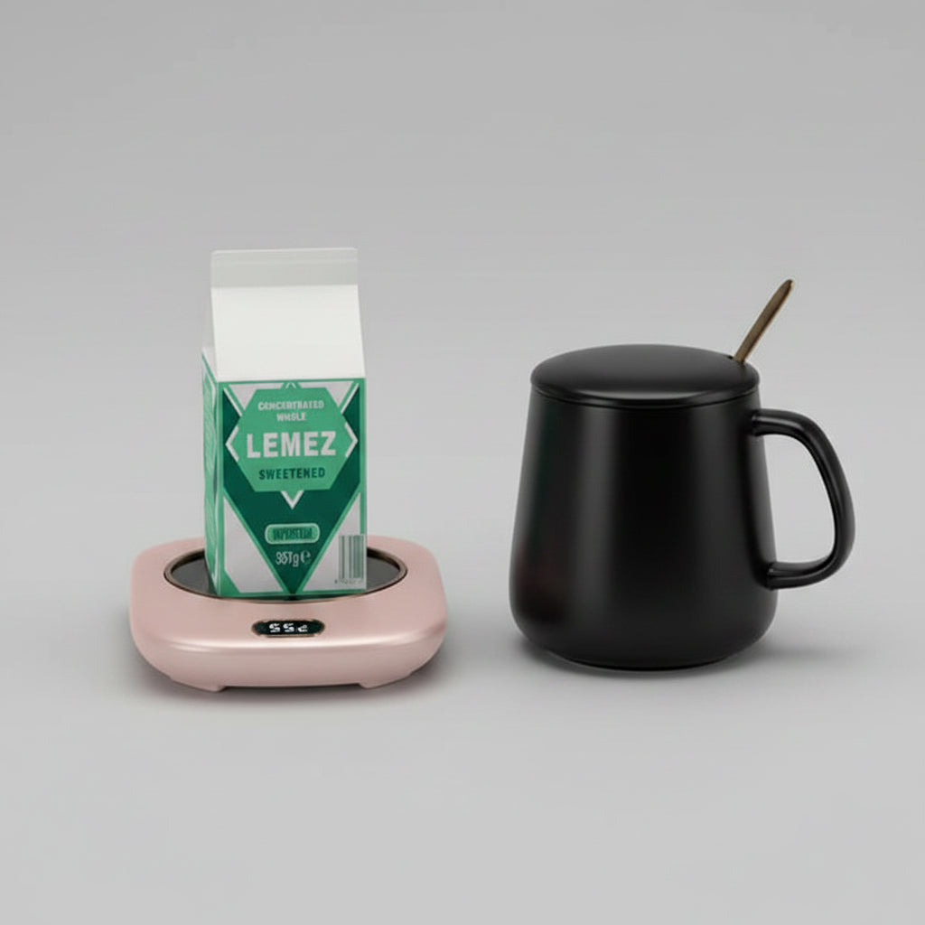 Carton of Lemez sweetener on a pink stand with a black mug and spoon in the background.