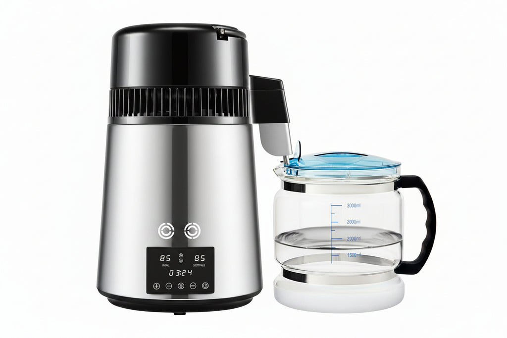 A water distiller with digital display on a white background