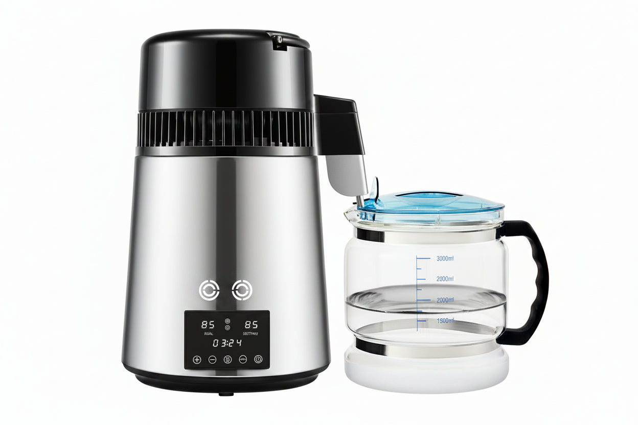 A water distiller with digital display on a white background