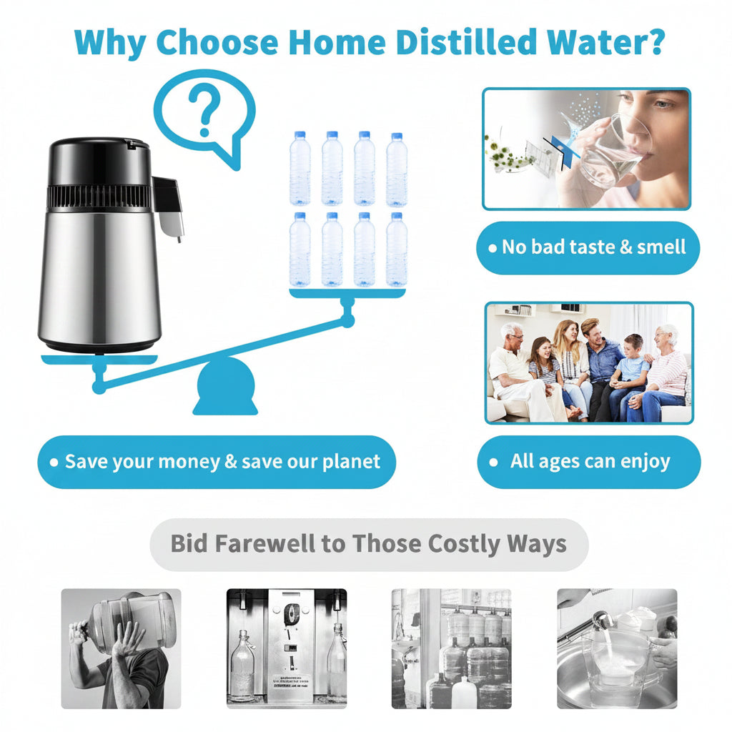 Advertisement for home distilled water with a water distiller, bottles, and people enjoying water.