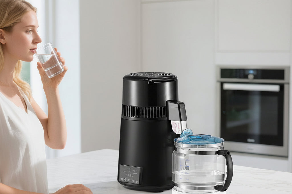 Woman holding a glass of water next to a black humidifier on a kitchen counter.