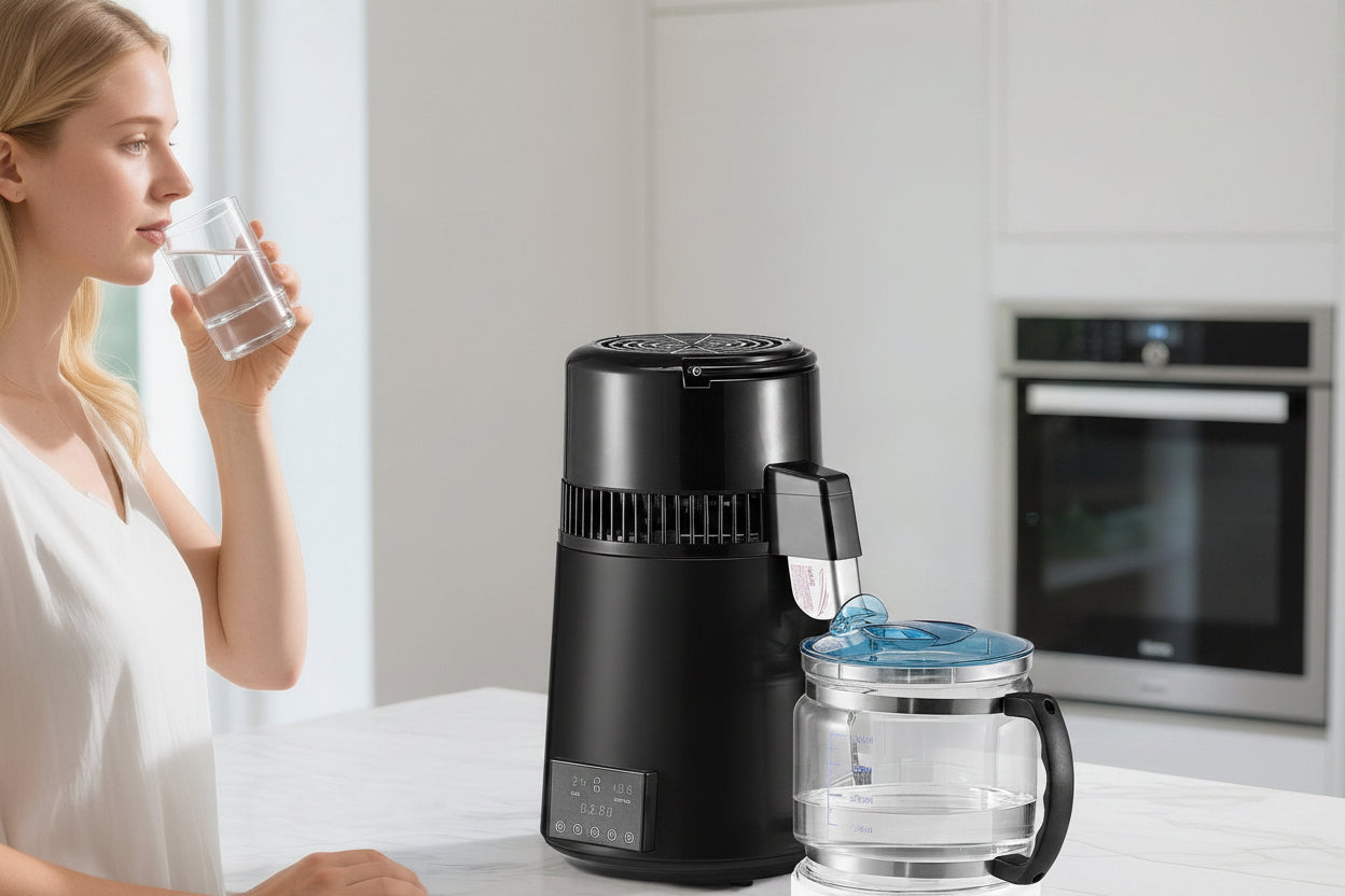 Woman holding a glass of water next to a black humidifier on a kitchen counter.