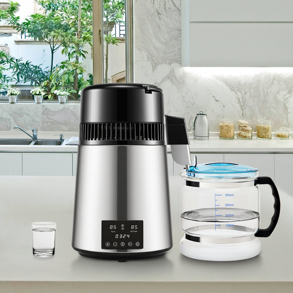 A water filter on a kitchen counter with a modern kitchen background