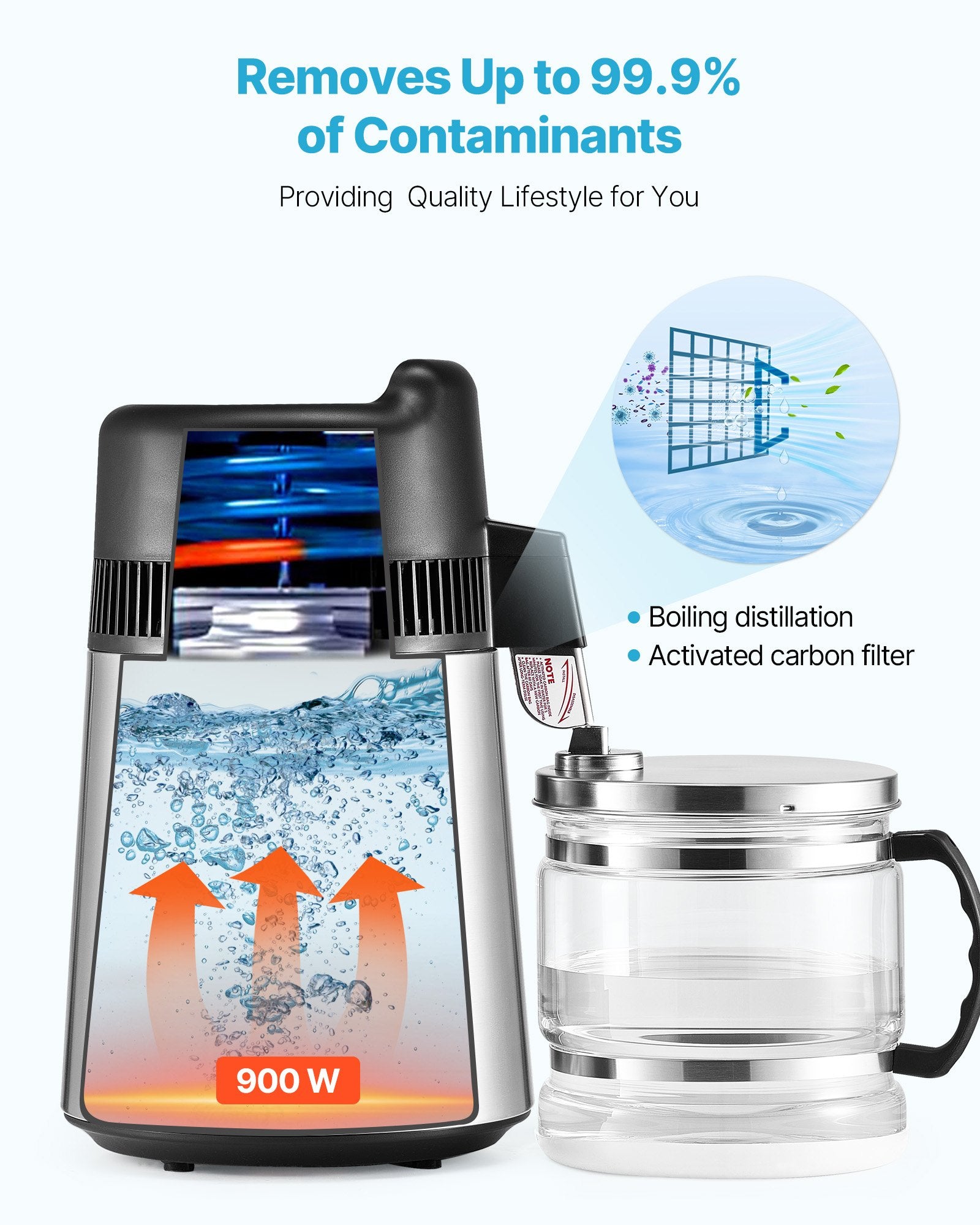 Water filter with a clear container and black base, featuring text about contaminant removal and power rating.