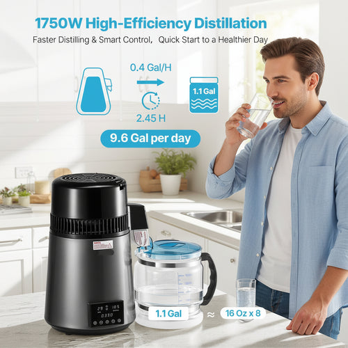 A water distiller with a woman drinking water in a kitchen setting, highlighting its high-efficiency distillation features.