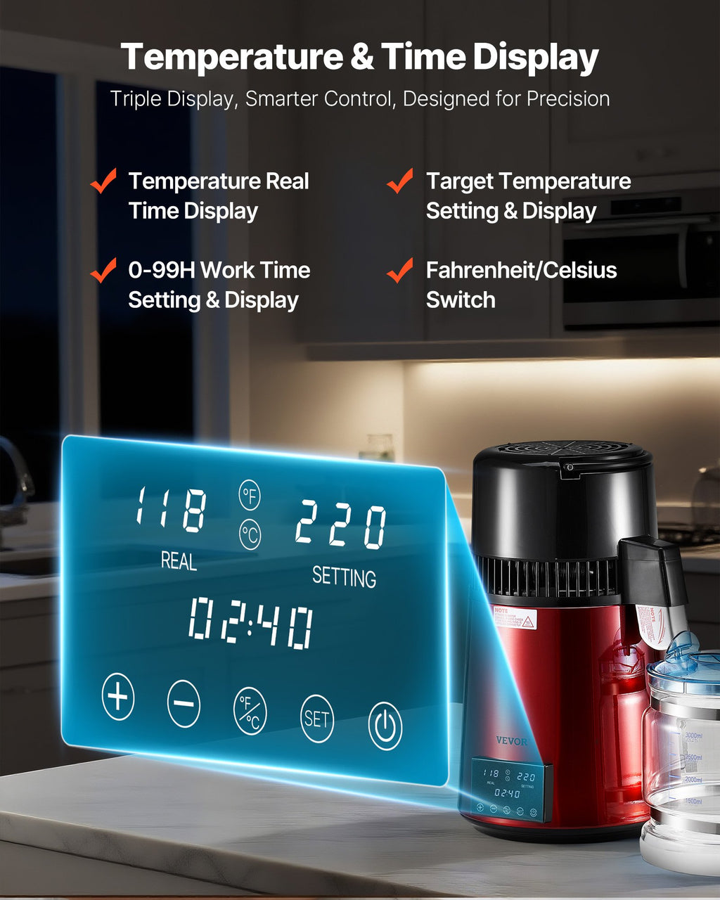 Digital temperature and time display with kitchen background
