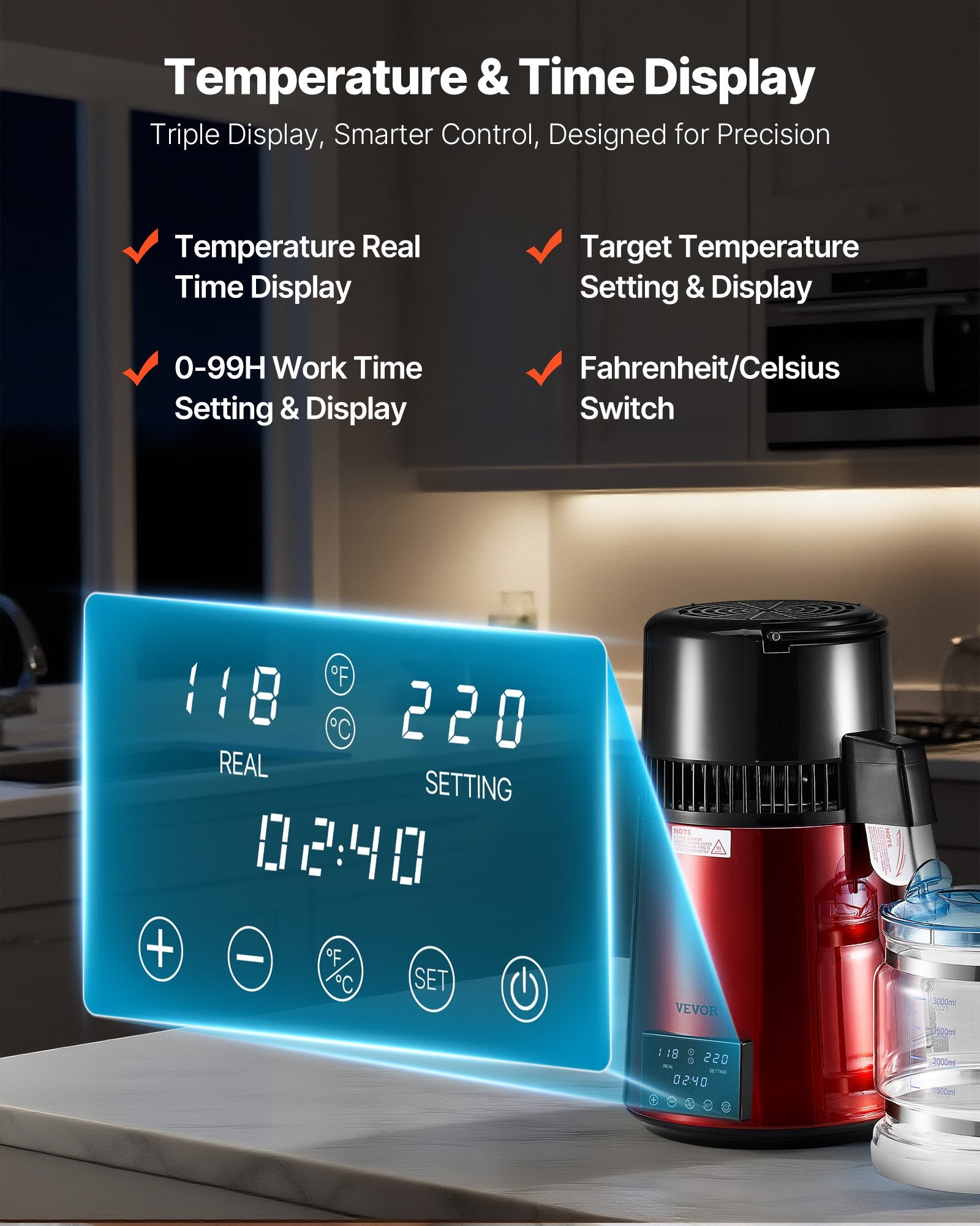 Digital temperature and time display with kitchen background