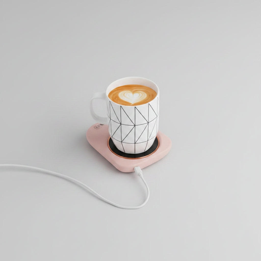 Woman on phone using laptop with a cup of coffee on a wooden desk