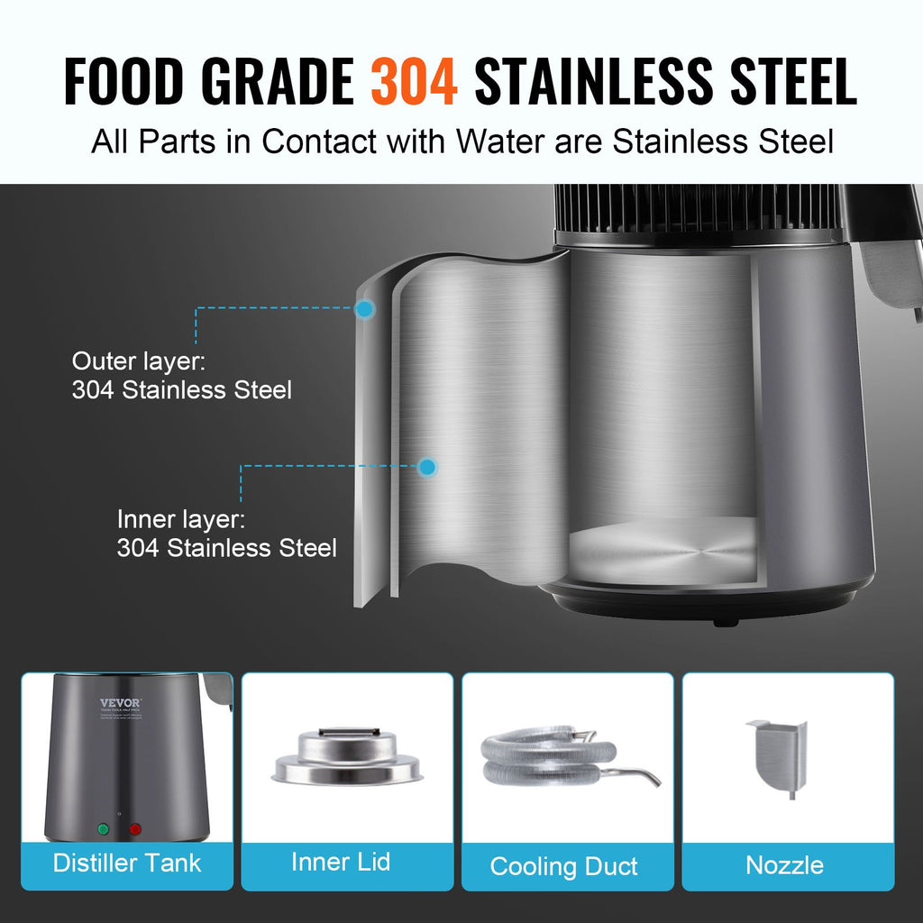 Stainless steel water distiller with labeled parts on a dark background