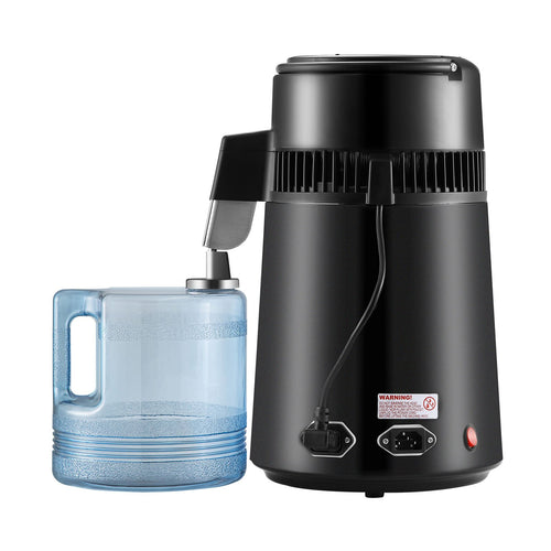 Black water distiller with a blue container on a white background