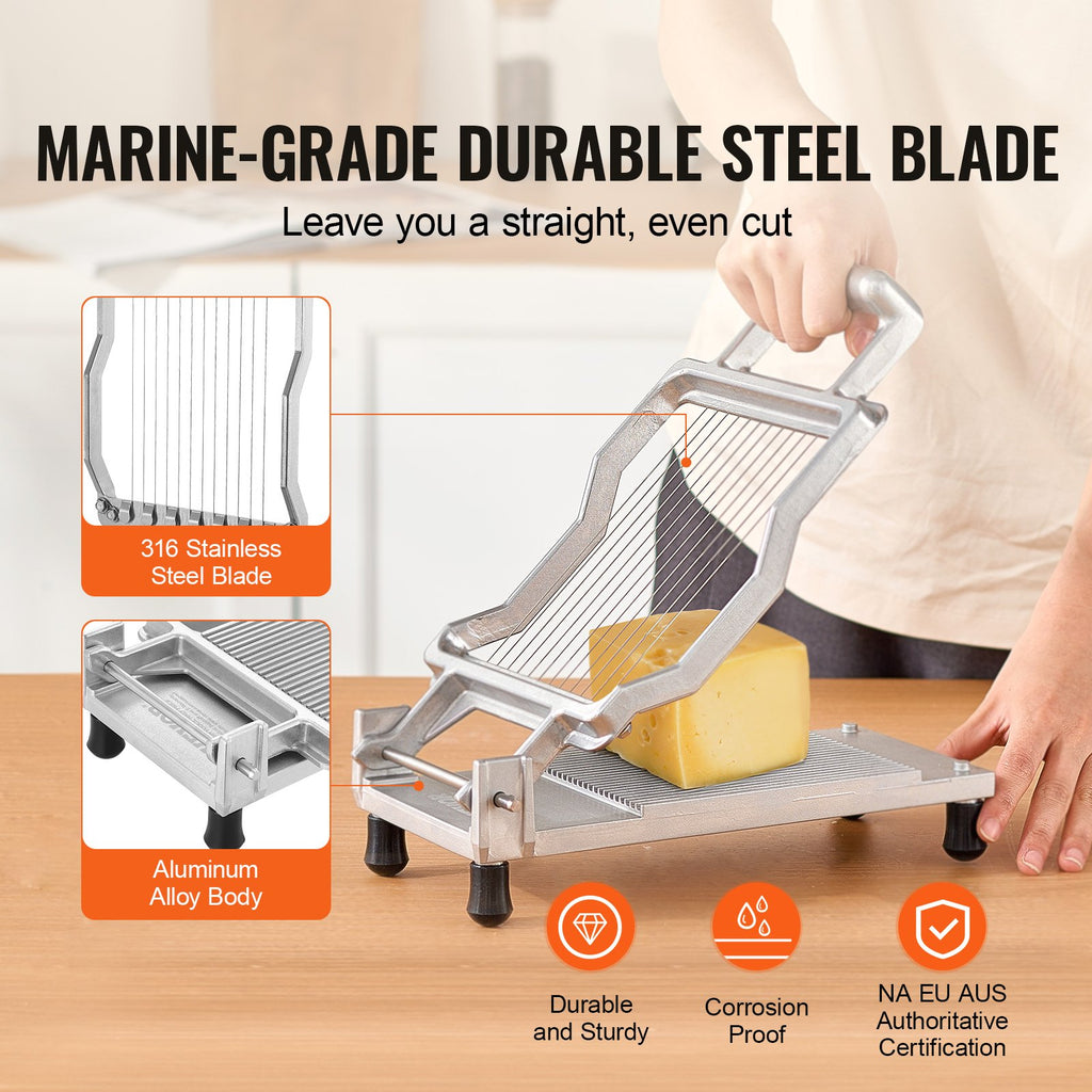 Cheese slicer with marine-grade durable steel blade on a wooden surface