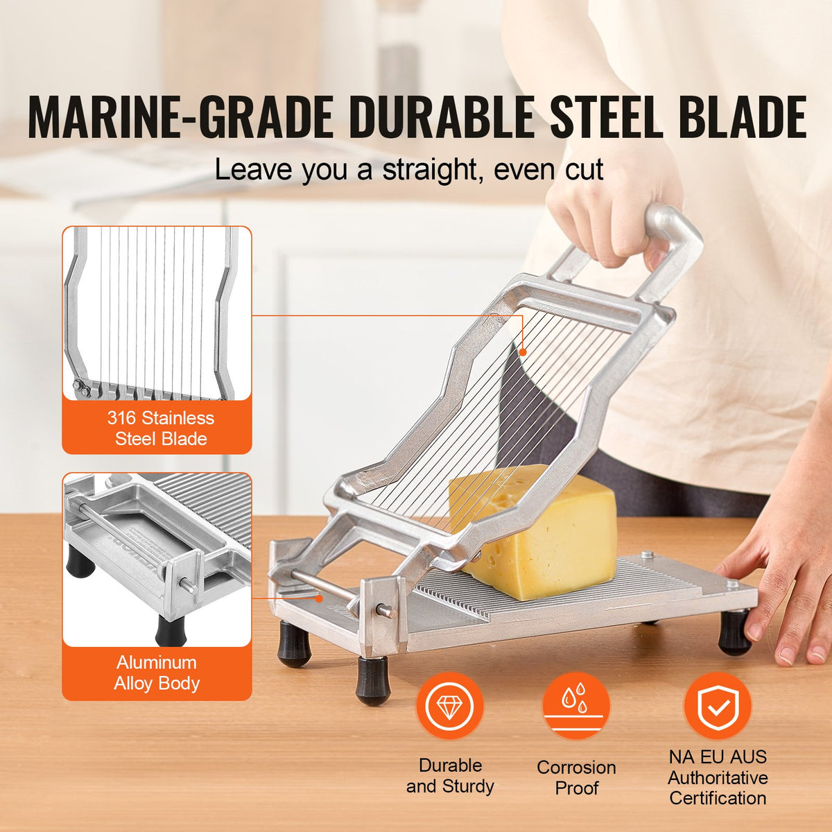 Cheese slicer with marine-grade durable steel blade on a wooden surface