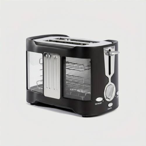 Black toaster with dimensions labeled on a white background