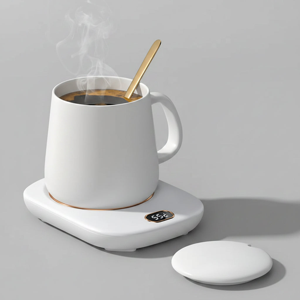 White mug with steam on a white mug warmer next to a laptop on a wooden desk