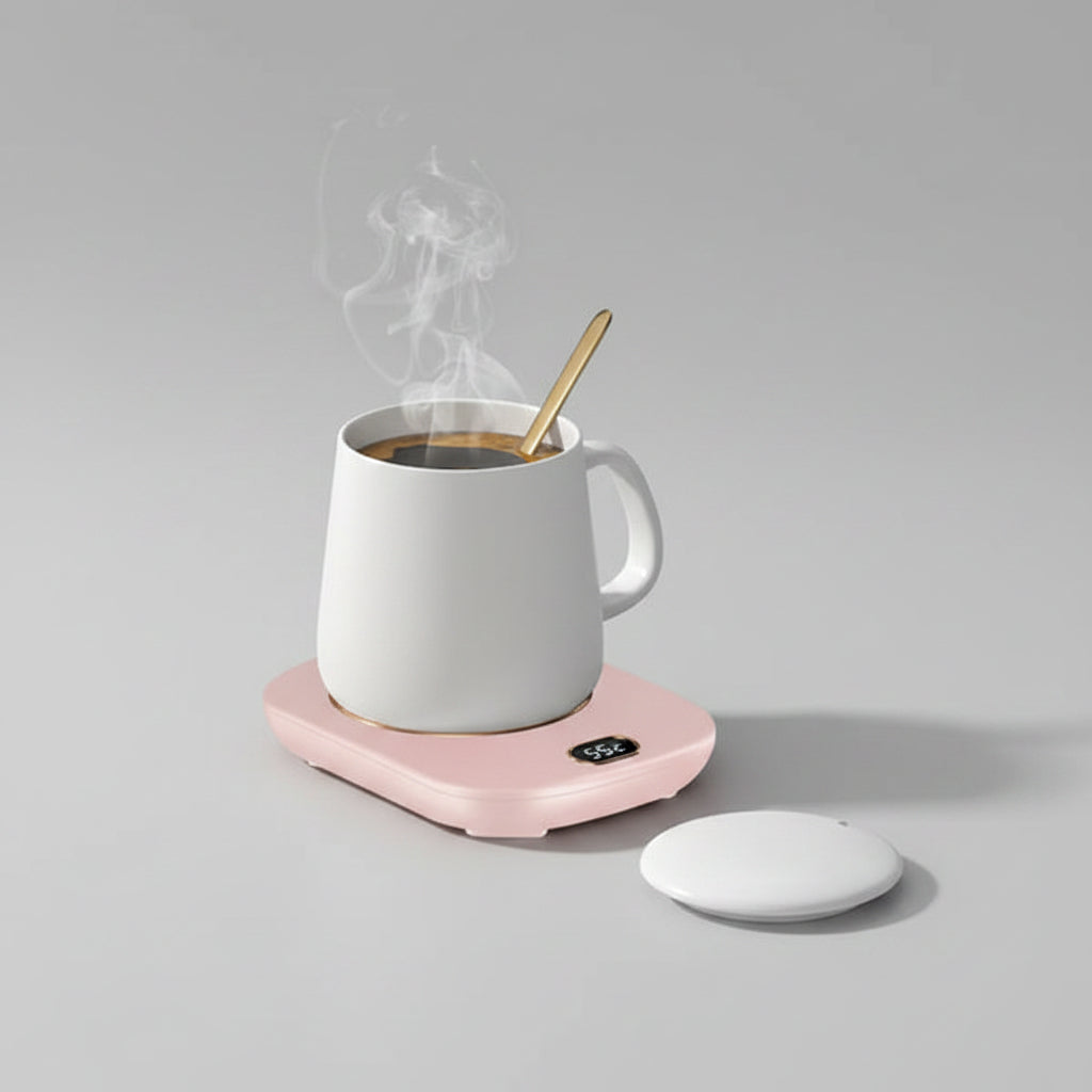 White mug with steaming coffee on a pink mug warmer in front of a laptop.