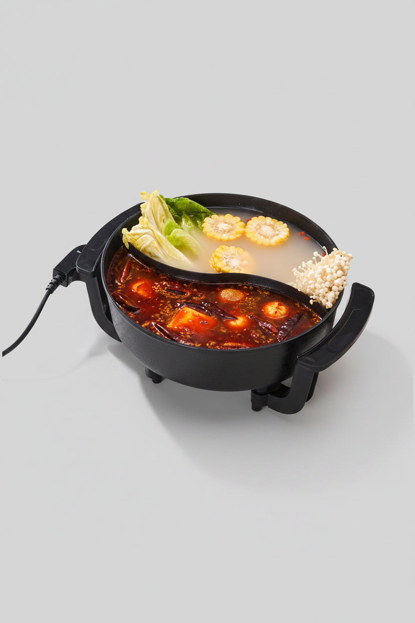 Electric hot pot with food on a table, featuring text about high power performance and dual-flavor capability.