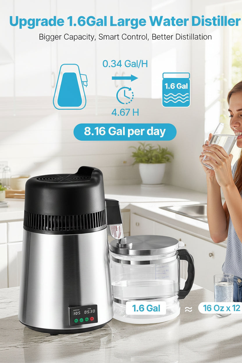 Water distiller with a woman drinking water in a kitchen setting