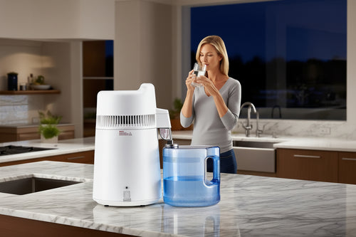 Woman drinking water from a glass next to a  water filter on a kitchen counter.