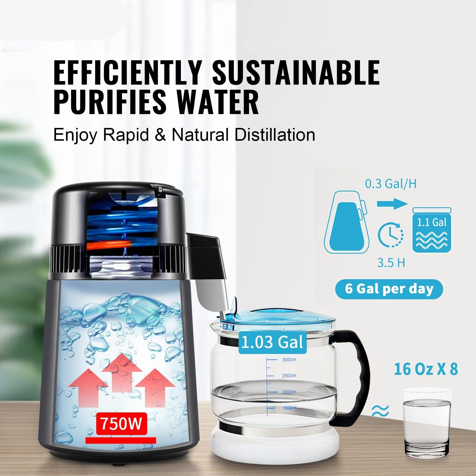A water purification device with a glass container on a wooden surface, featuring text about water purification efficiency.