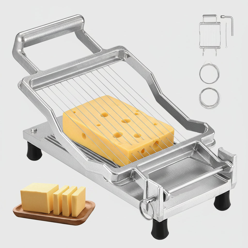 Metal cheese slicer with a block of cheese and sliced cheese on a white background