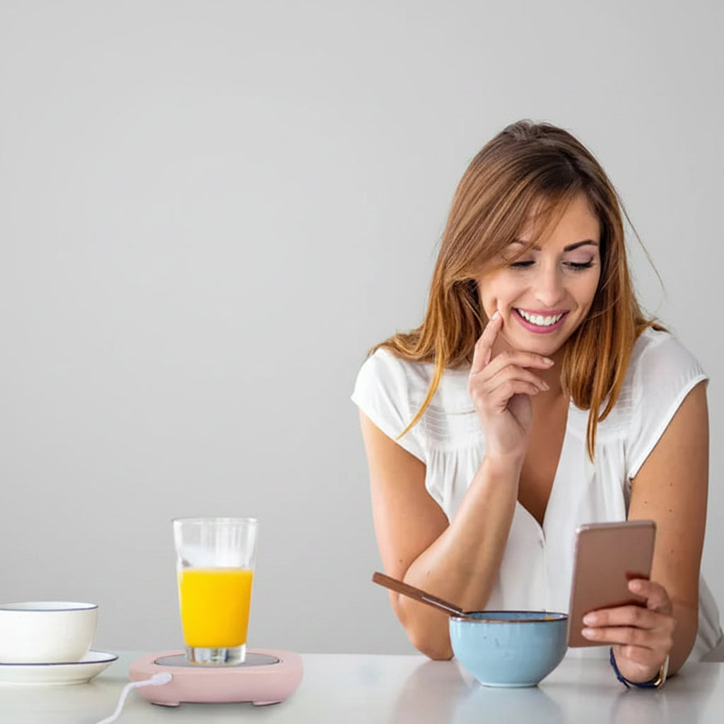 Woman using a smartphone in a kitchen with a glass of orange juice and a bowl on the table.