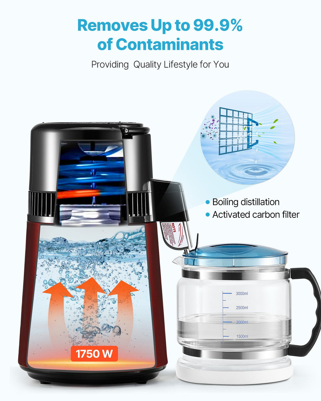 Water purification device with a clear container, labeled '1750 W', on a white background.