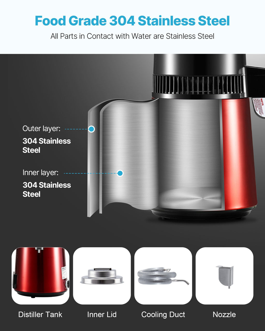 Stainless steel distiller with detailed layers and components on a dark background