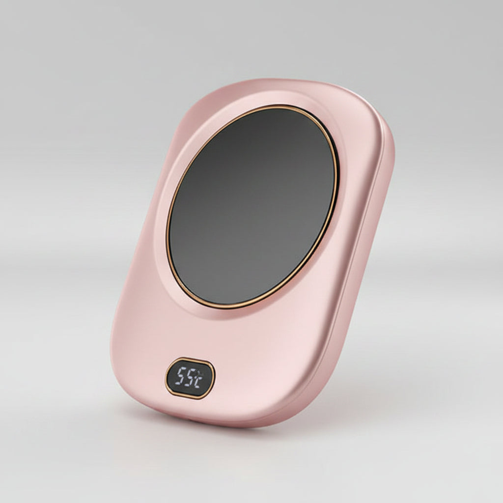 Pink handheld electronic device with digital display on a white background