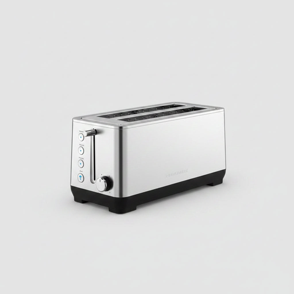 Long toaster with dual independent control panels, toasting bread and bagels, on a kitchen counter.