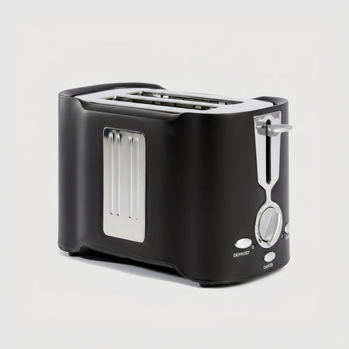 Black toaster with silver accents on a white background