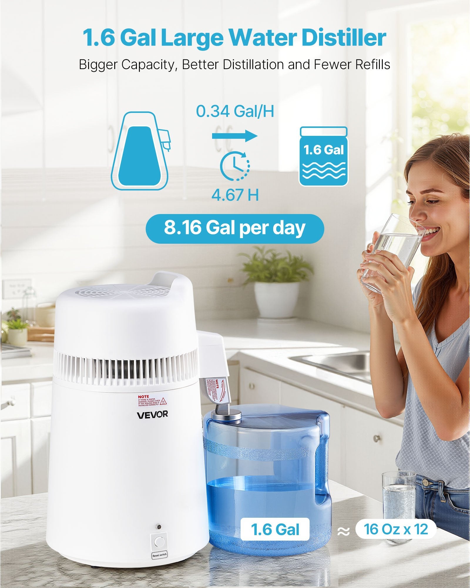 Vevor 1.6 Gal Large Water Distiller with woman drinking water in a kitchen setting