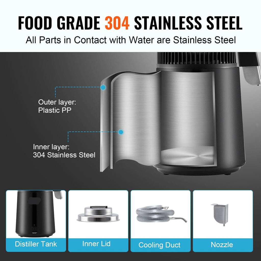 Stainless steel water distiller with labeled parts on a dark background
