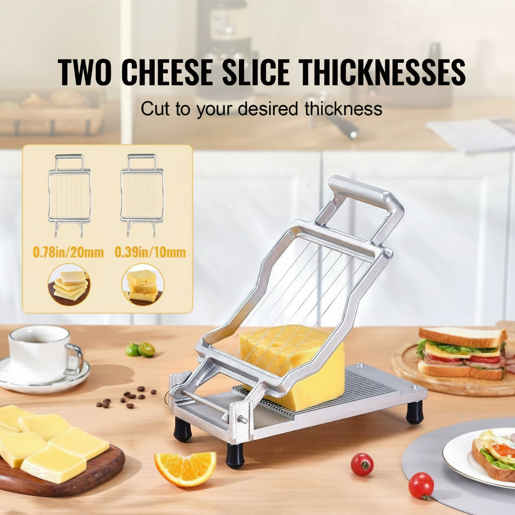 Cheese slicer with two cheese slice thicknesses displayed on a kitchen counter.