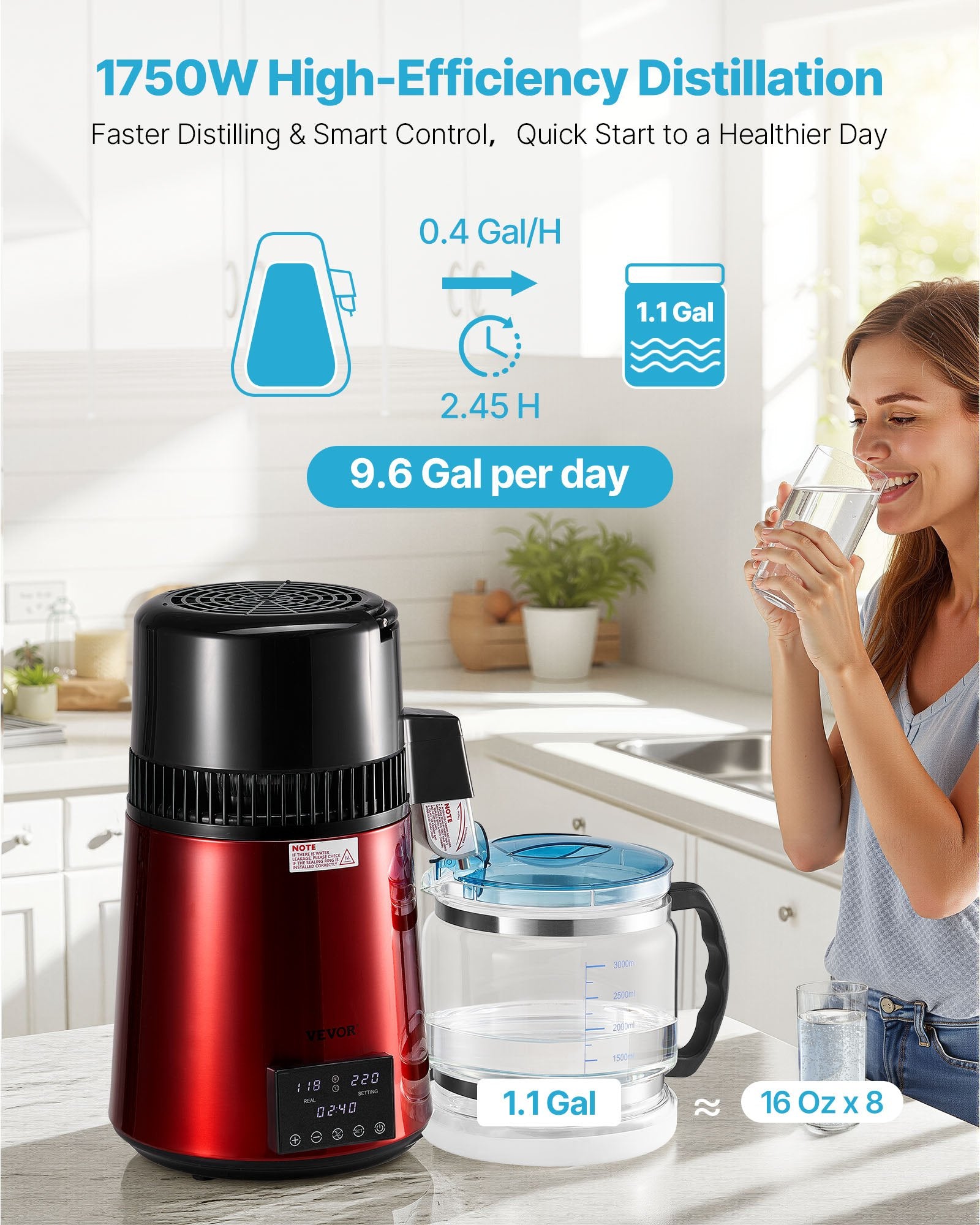 Red water distiller on a kitchen counter with a woman drinking water, text about high-efficiency distillation.