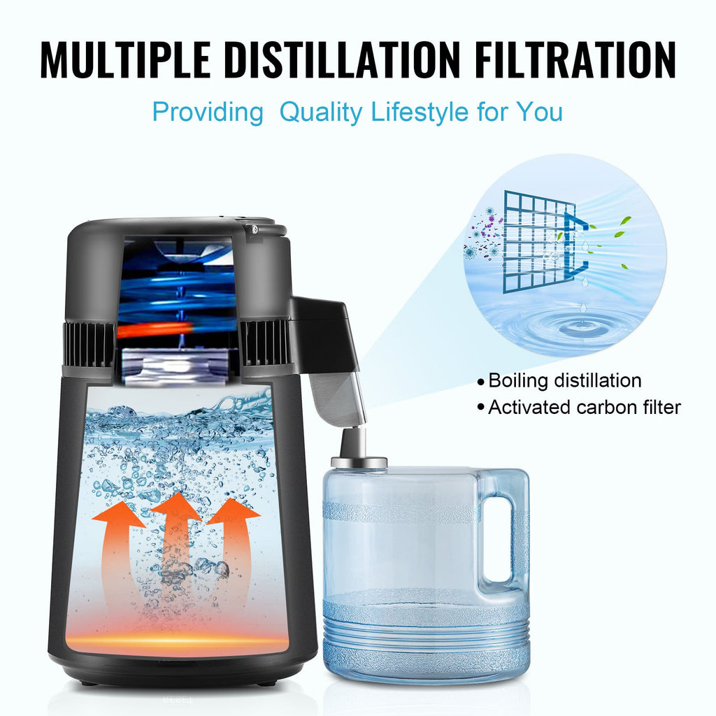Water filtration system with boiling distillation and activated carbon filter features.